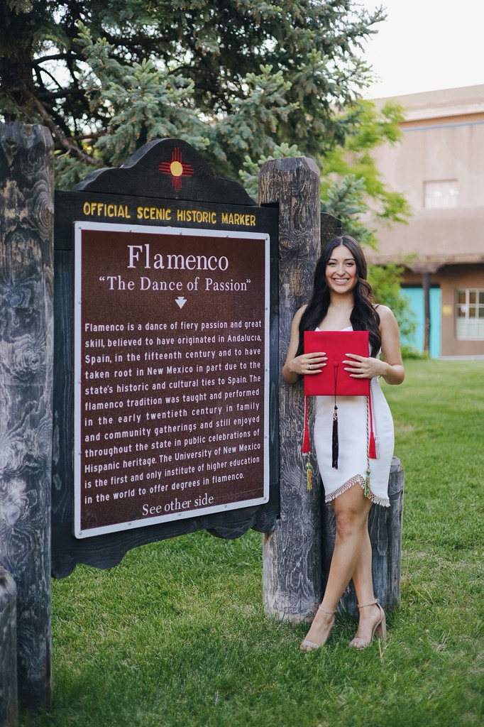 Madison Olguin, 2023 University of New Mexico graduate, BA in Dance with a concentration in Flamenco. Historic marker for Clarita Garcia de Aranda Allison on the UNM campus. 