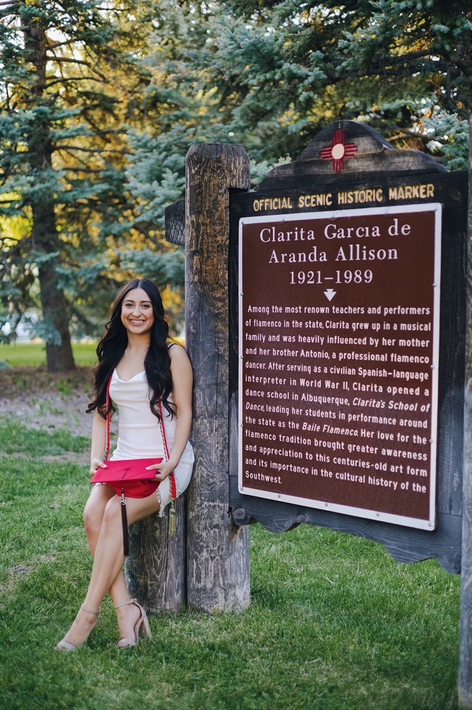 Madison Olguin, 2023 University of New Mexico graduate, BA in Dance with a concentration in Flamenco. Historic marker for Clarita Garcia de Aranda Allison on the UNM campus. 