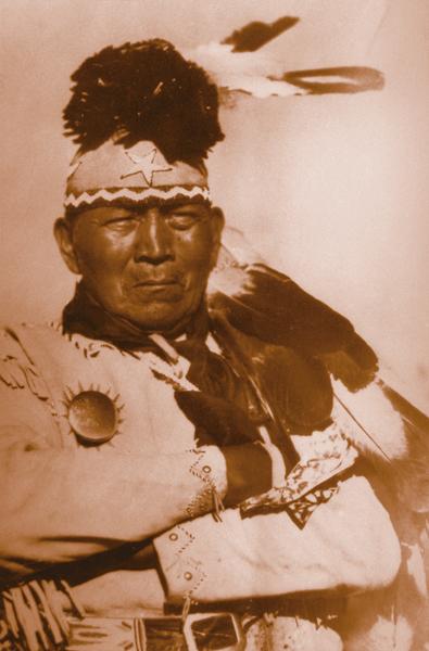 Ace Daklugie, c. 1955 in attire for war. Nephew of Geronimo he was one of Eve’s key sources of information as he had been at war and peace over many decades.