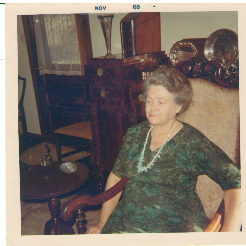 Eve Ball c. 1960 sitting in the “interview chair,” where many of the old warriors sat when she interviewed them to get their perspective on their lives and the Apache Wars.