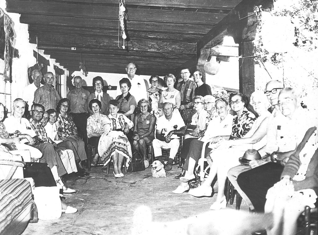 Eve Ball, in long dress, in her element teaching about regional history. Many groups made the pilgrimage to visit the “old White Lady with many stories,” the nickname Silas Cochise gave her. 