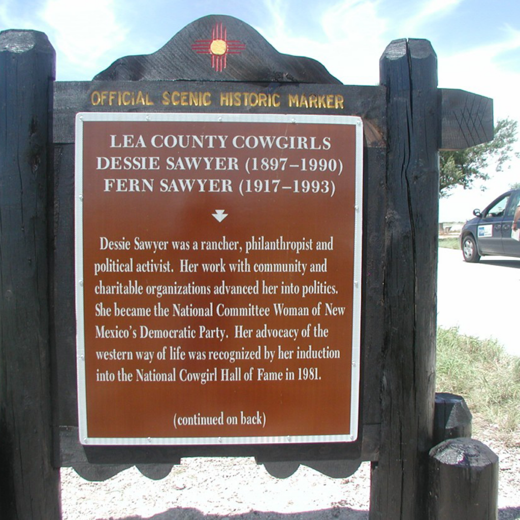 Historic marker for Lea County Cowgirls, mother and daughter Dessie and Fern Sawyer.