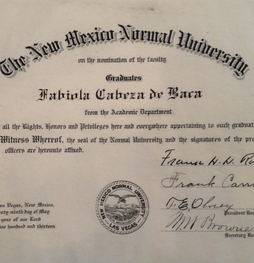 Fabiola Cabeza de Baca Gilbert's diploma.
