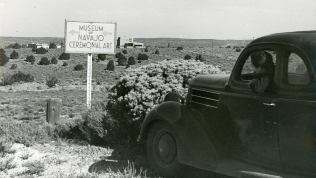 Clara Bentley, Mary Wheelwright, and Orville Cox at Newcomb Trading Post, Nava, New Mexico, ca.1925, Wheelwright Museum Archives.