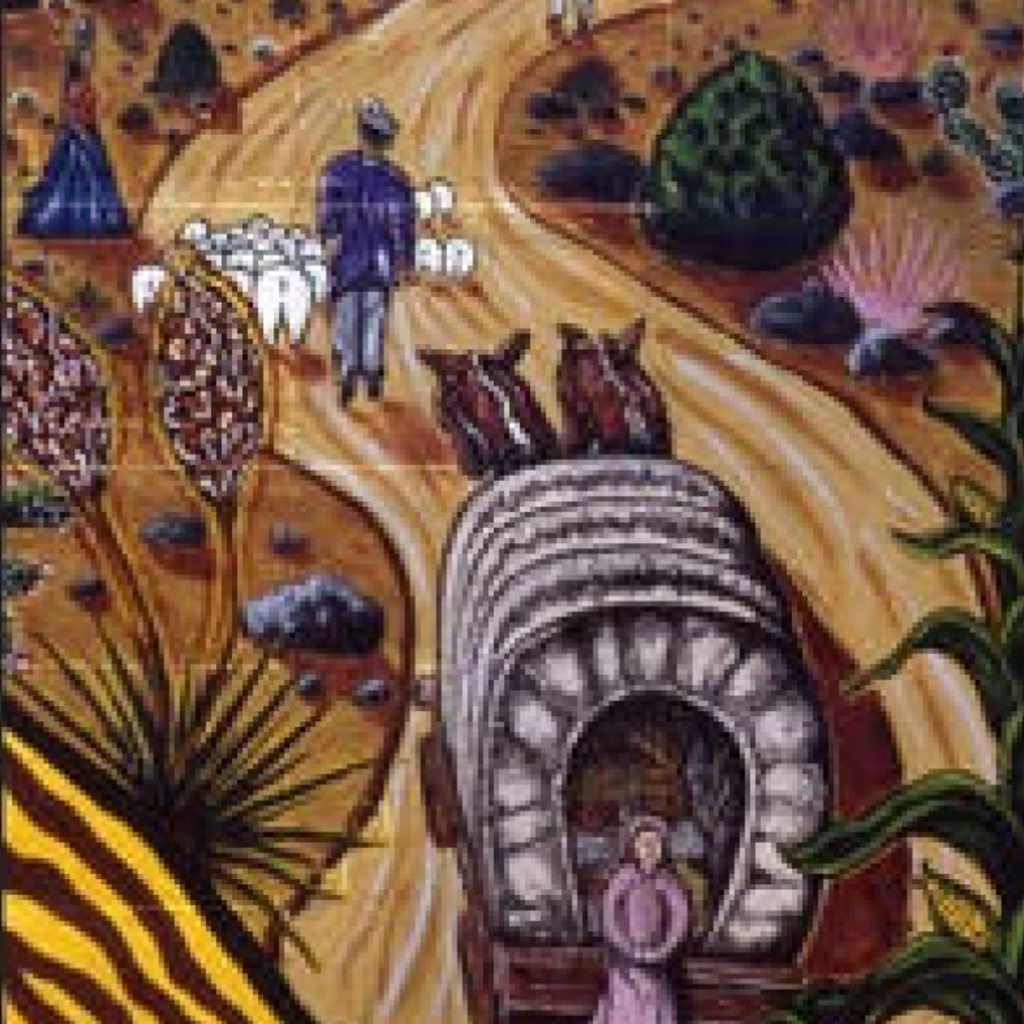 A painting showing how the Women of the Camino Real traversed the trail on foot