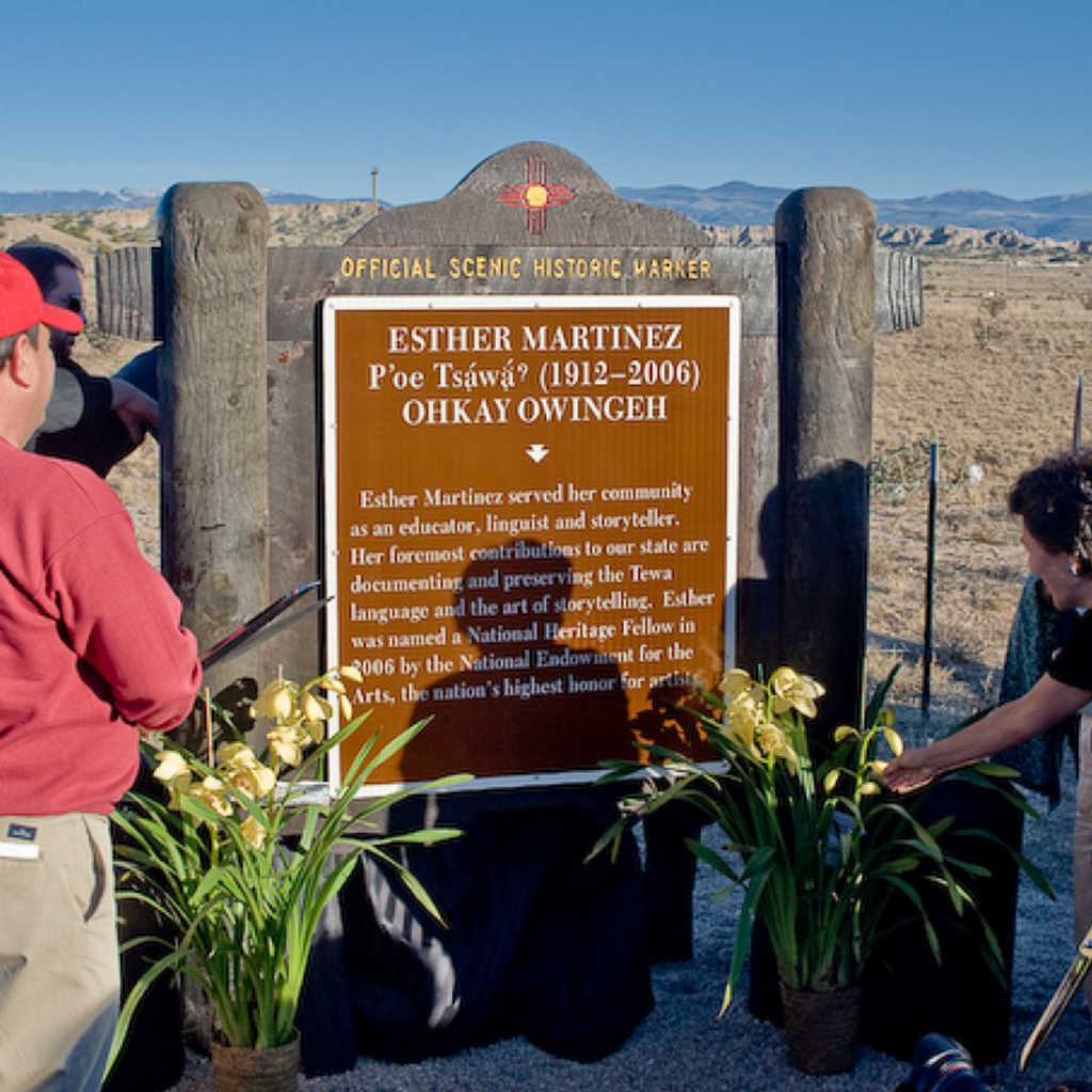 Historic marker for Esther Martinez, P'oe Tsawa.