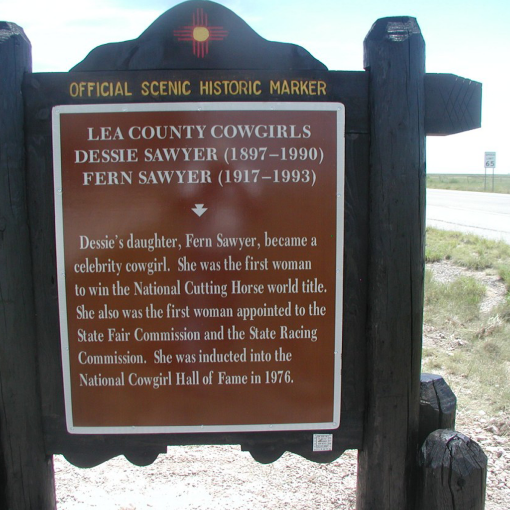 Historic marker for Lea County Cowgirls, mother and daughter Dessie and Fern Sawyer.